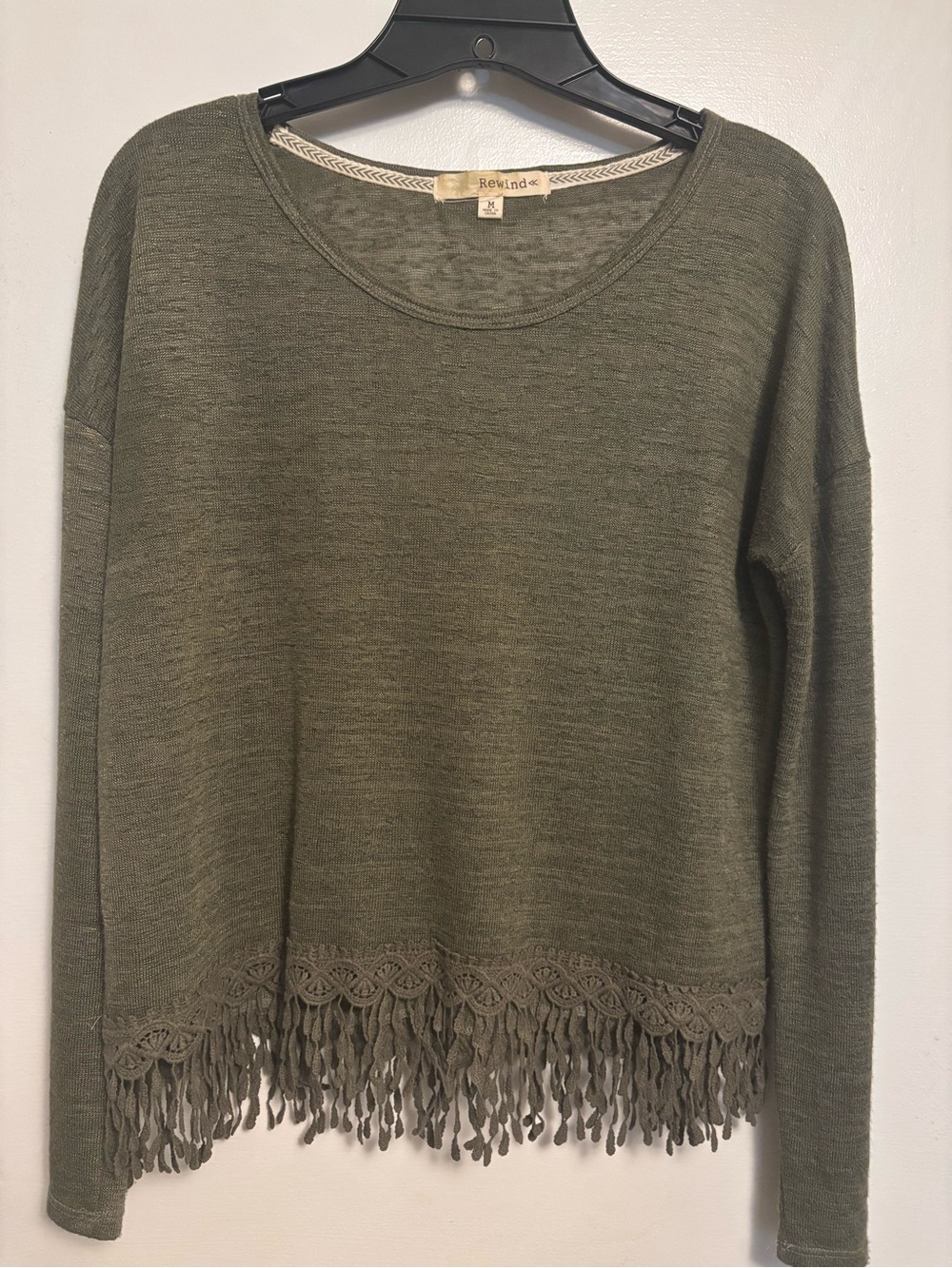 Rewind Olive Green Knit Scoop Neck Top with Crochet Detail